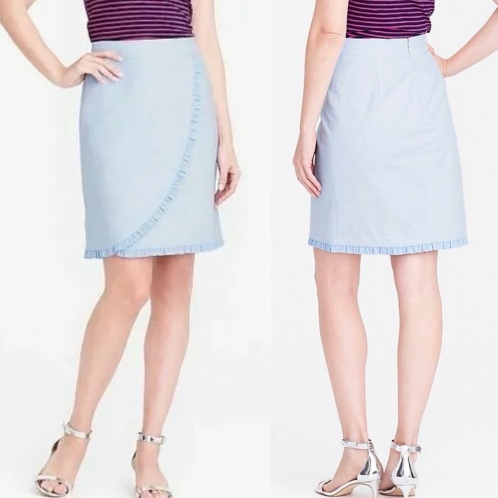 J Crew Factory Career Chambray Blue Oxford Ruffle Pencil Skirt Size 2